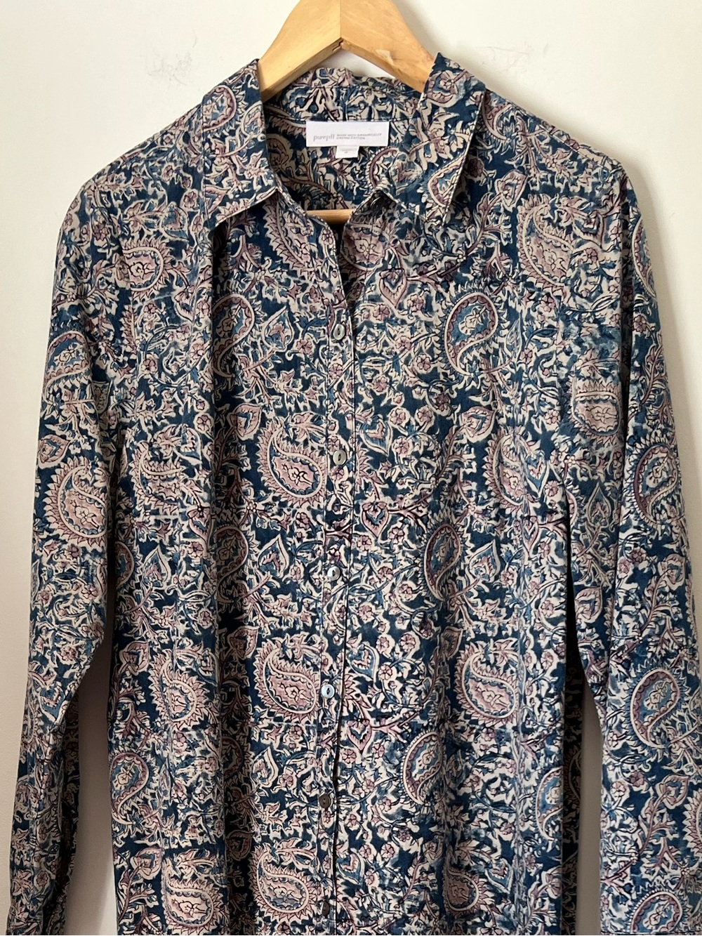 Pure Jill Floral Paisley Maxi Dress Blue Pink Organic Cotton Button Front M NEW - Picture 3 of 16